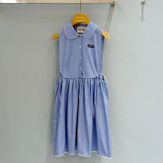 Miu Miu 2026 Plaid Sleeveless Dress Blue Cotton