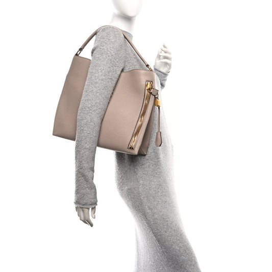 Pebbled Calfskin Small Alix Padlock Zip Hobo Bag Beige
