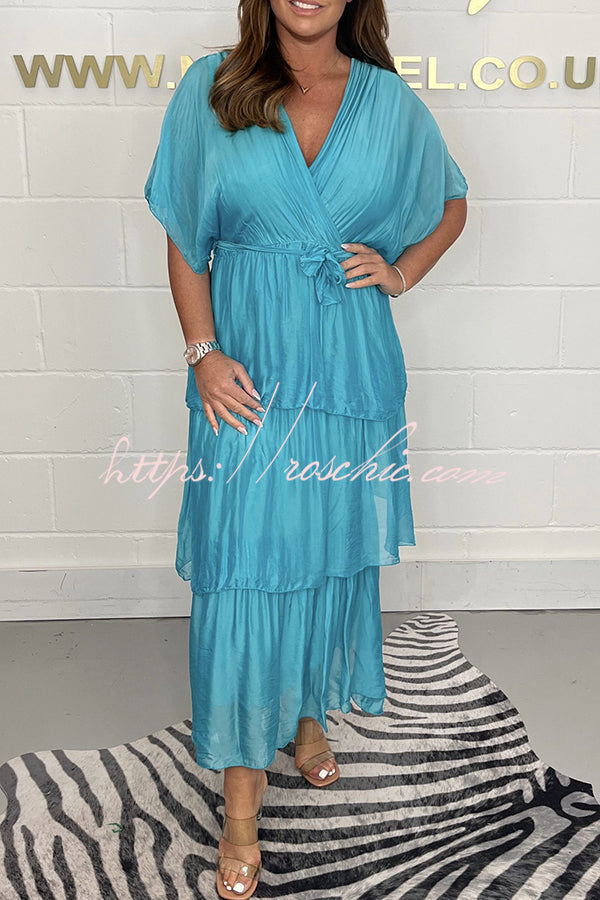 Queen Retro Silk Ruffle Belted Tiered Maxi Dress
