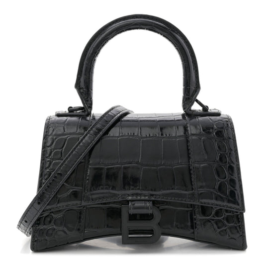 Shiny Calfskin Monochrome Crocodile Embossed Hourglass Top Handle Bag XS Black