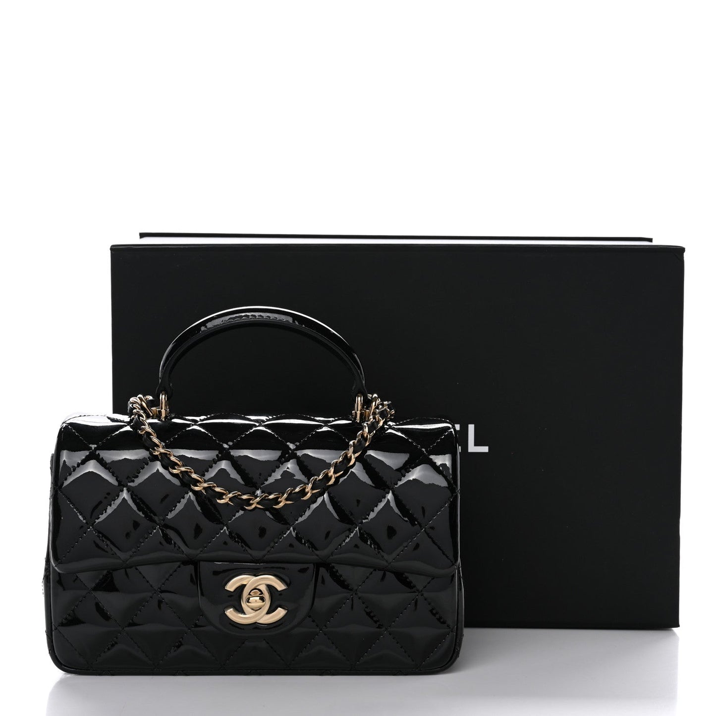 Patent Quilted Mini Top Handle Rectangular Flap Black