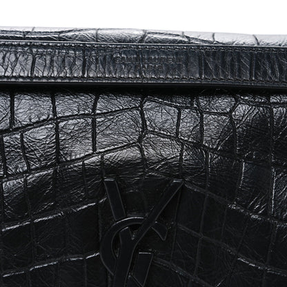 Crocodile Embossed Lambskin Monogram Medium Niki Chain Satchel Black