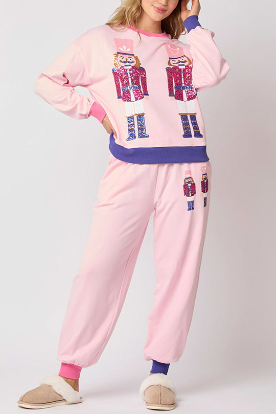Conjunto de sudadera con lentejuelas y pantalones holgados con cintura elástica y bolsillos de estilo soldado navideño