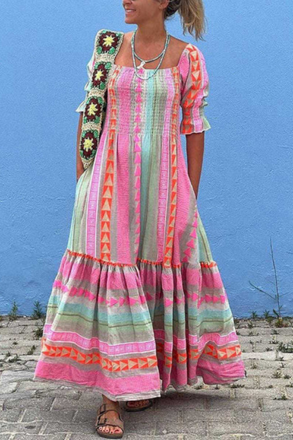 Vestido largo bohemio fruncido con bolsillos y bloques de color geométricos para festival de música