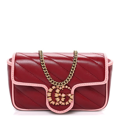 Azalea Calfskin Enamel Matelasse Diagonal Super Mini Torchon GG Marmont Shoulder Bag New Cherry Red Wild Rose