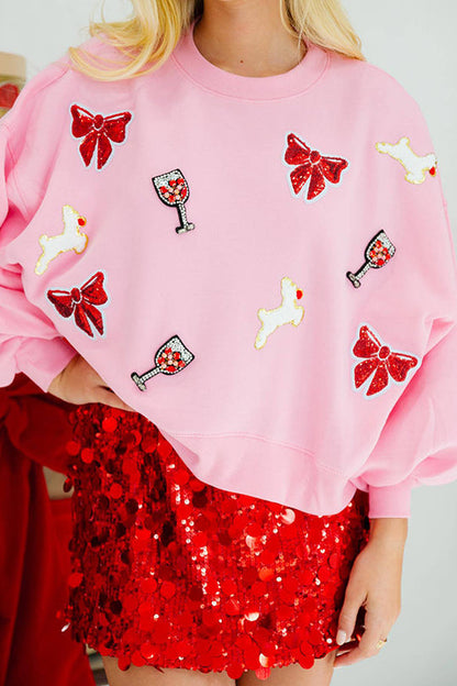 Sudadera holgada de manga larga con lentejuelas y copa de vino con lazo navideño