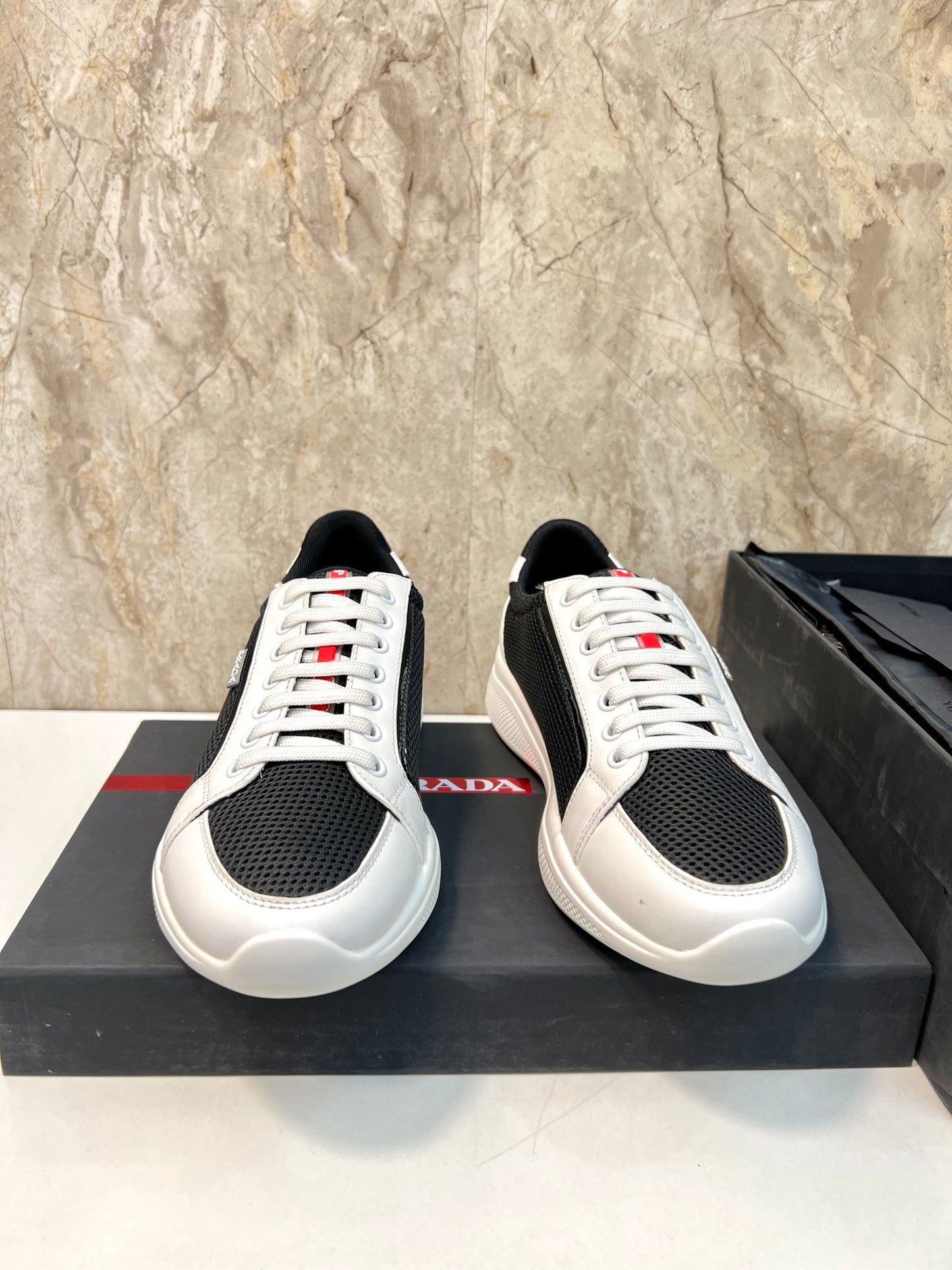 PRA SNEAKER WHITE MIX BLACK CALFSKIN AND MESH FABRIC