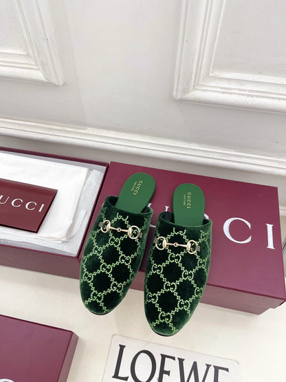 GG 26 Horsebit Flat Mules Rhinestones Dark Green Velvet 587082
