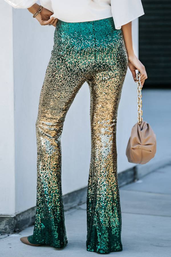 Pantalones de pierna ancha con lentejuelas y degradado de corte entallado 