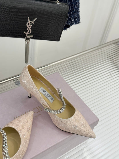 Jimmy Choo Classic Diamond Chain Point Toe High Heels Champagne Glitter Sheepskin 573546