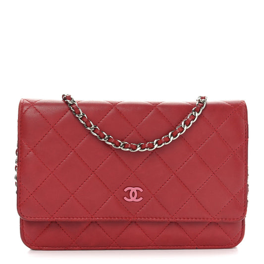 Lambskin Quilted Wallet On Chain WOC Red Pink