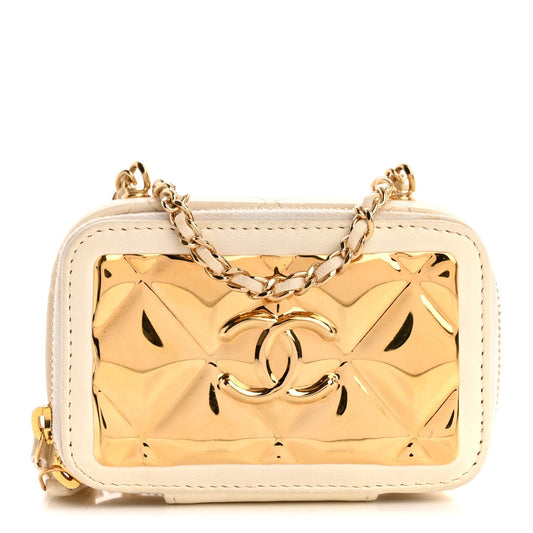 Lambskin Quilted Golden Plate Clutch With Chain White
