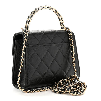 Caviar Quilted Double Chain Top Handle Flap With Chain Black