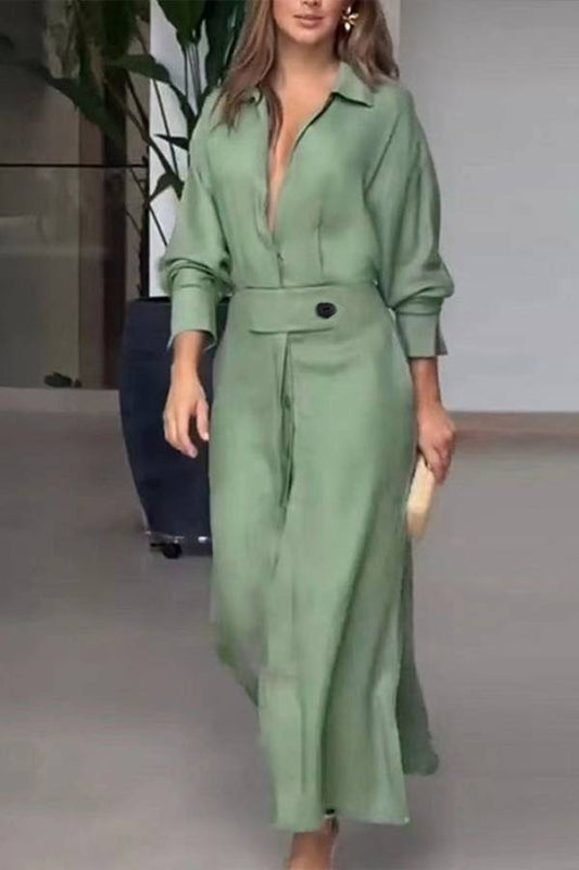 Vestido camisero irregular de manga larga con cintura alta