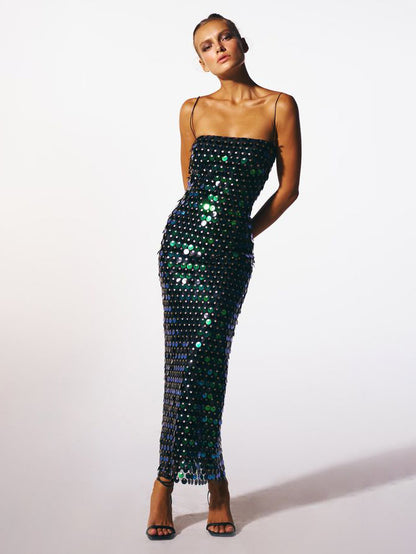 Sparkle Maxi Dress Spaghetti Straps Backless Sequins Prom Dresses