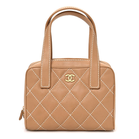 Calfskin Wild Stitch Small Vertical Top Handle Bag Beige