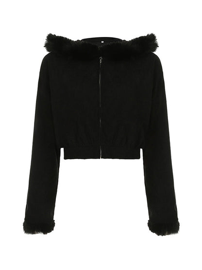 Y2k Black Versatile Solid Color Corduroy Plush Cardigan