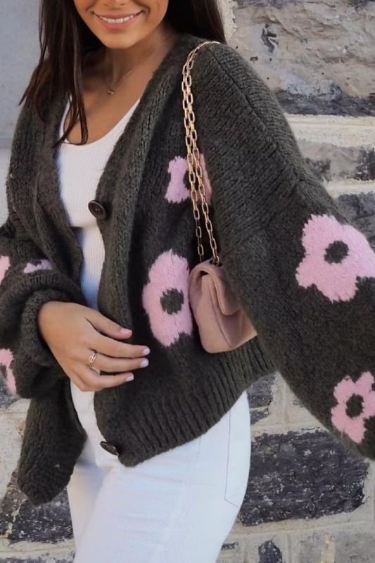 Abrigo de punto estilo perezoso con cuello en V e intarsia 3D 