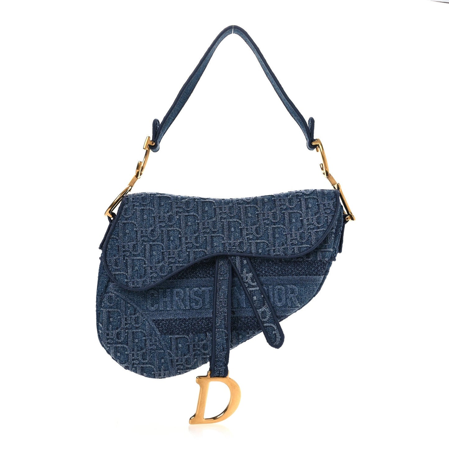 Oblique Embroidered Saddle Bag Denim Blue