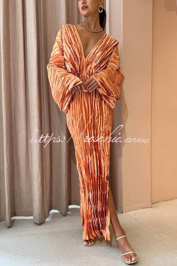 Sculpturally Luxurious Kimono Sleeve Pleated Cocoon Maxi Dress