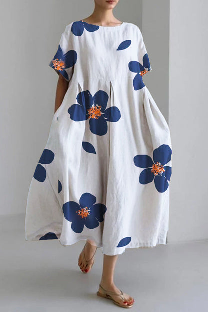 Vestido informal holgado con cuello redondo y falda floral para mujer, primavera y verano