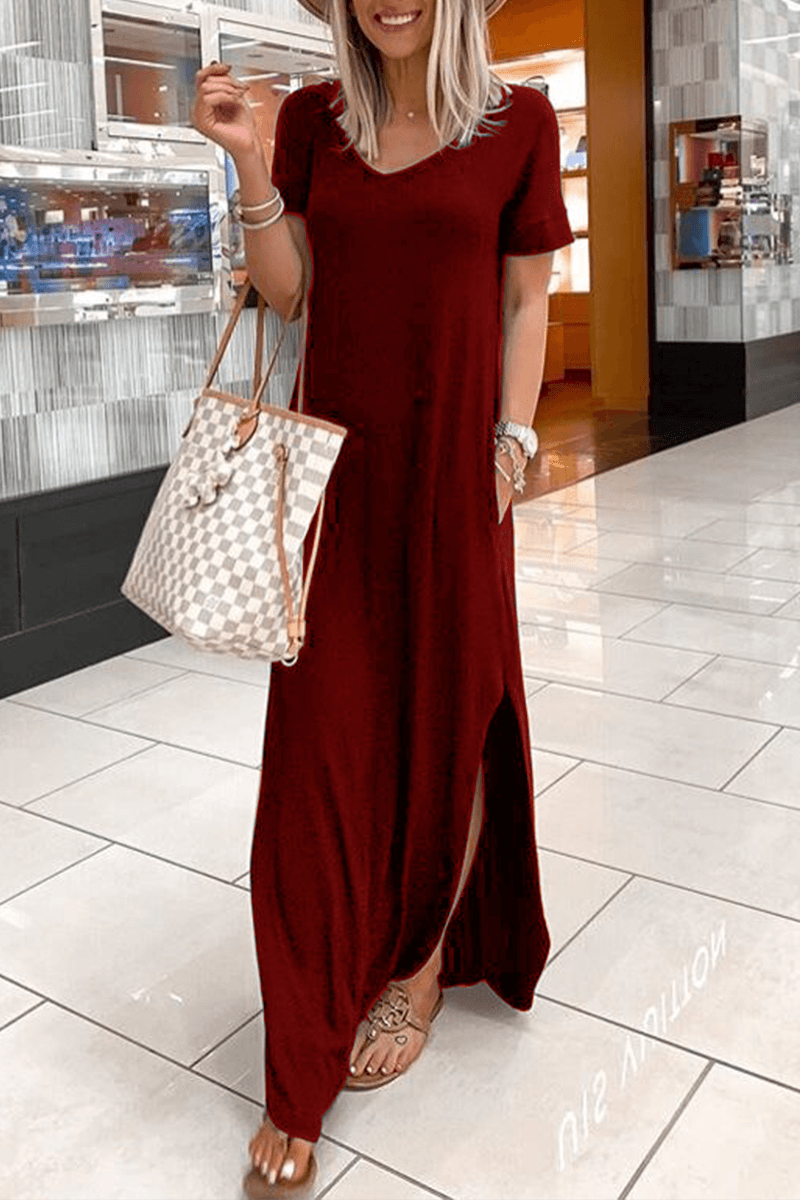 VESTIDO IRREGULAR CON CUELLO EN V Y ABERTURA ACOGEDOR