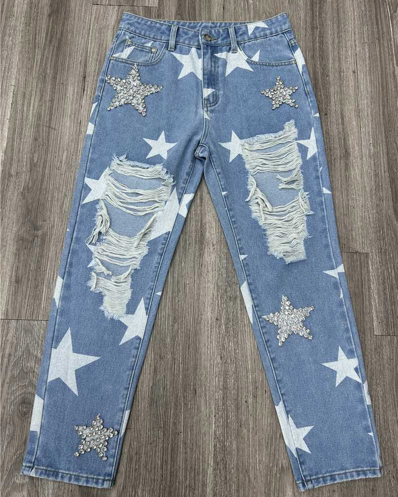 Ripped Ornament Jeans