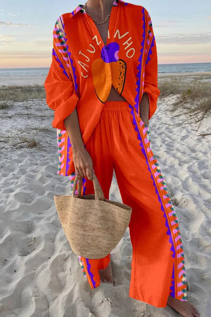 Conjunto de camisa holgada con estampado de frutas y pantalón con bolsillo en la cintura elástica