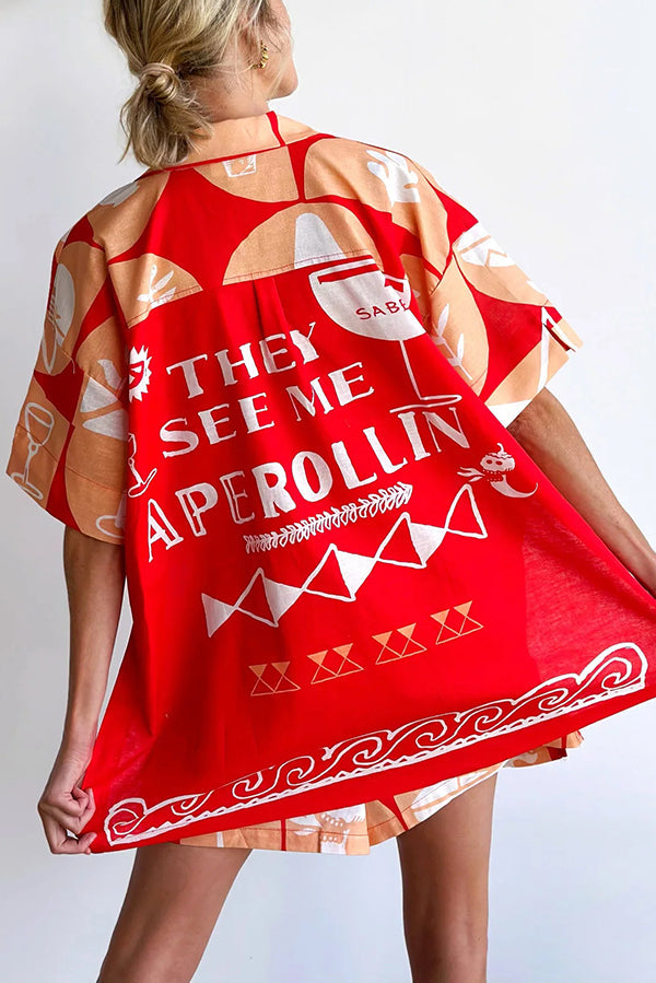 Conjunto de camisa de mezcla de lino con estampado único y pantalones cortos holgados con bolsillo y cintura elástica