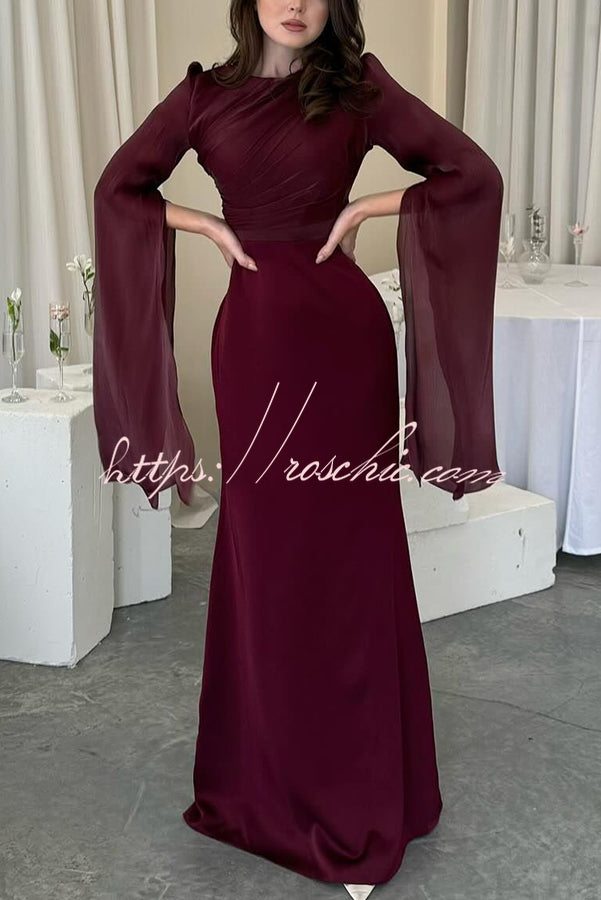 Liora Ruched Organza and Satin Patchwork Design Long Bell Slit Sleeve Maxi Dress