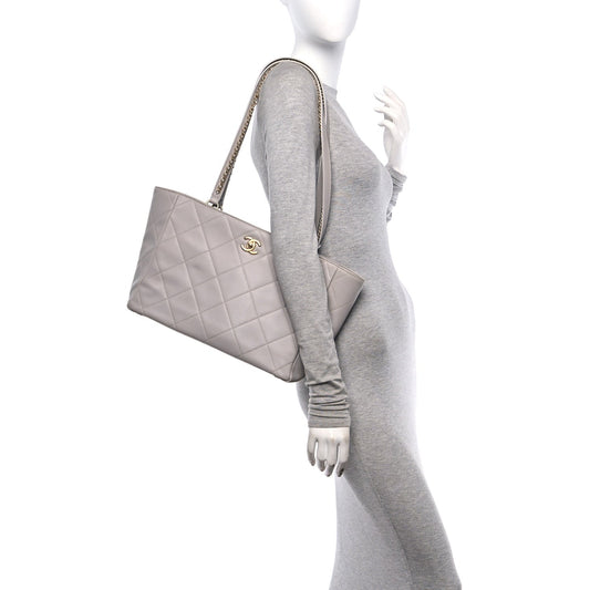 Calfskin Quilted Book Pocket Shopping Tote Grey