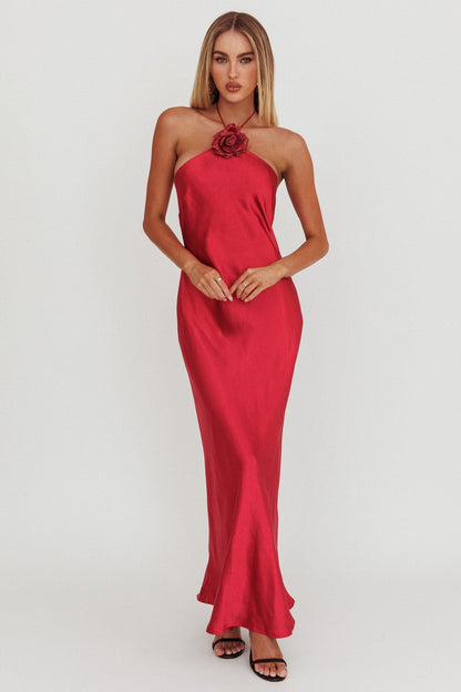 High Roller Flower Decoration Halter Dress Wine