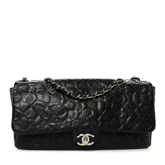 Calfskin Embossed Large Lucky Symbols Flap Black