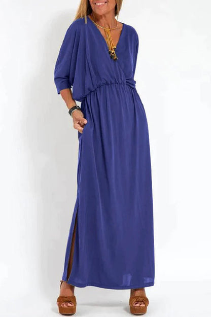 Vestido largo con abertura y bolsillos, manga corta y cintura elástica, comodidad suprema
