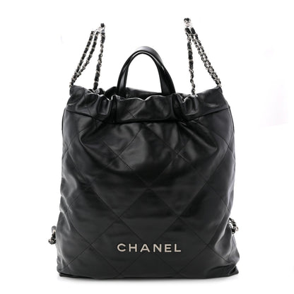 Shiny Calfskin Quilted Chanel 22 Backpack Black