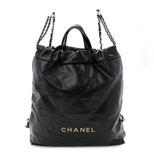 Shiny Calfskin Quilted Chanel 22 Backpack Black