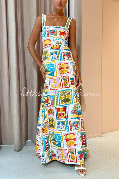 Salty Summer Days Funny Printed Wave Trim Square Collar Maxi Dress