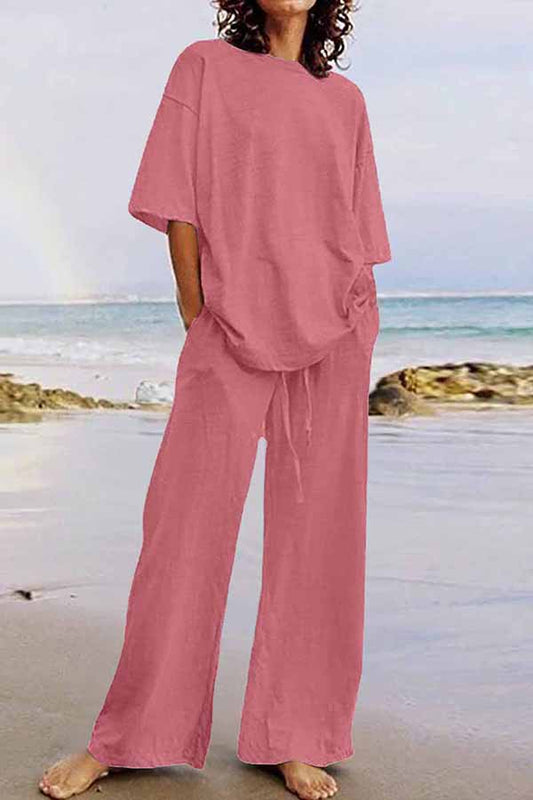 Conjunto informal de dos piezas con cuello redondo, manga corta (11 colores)