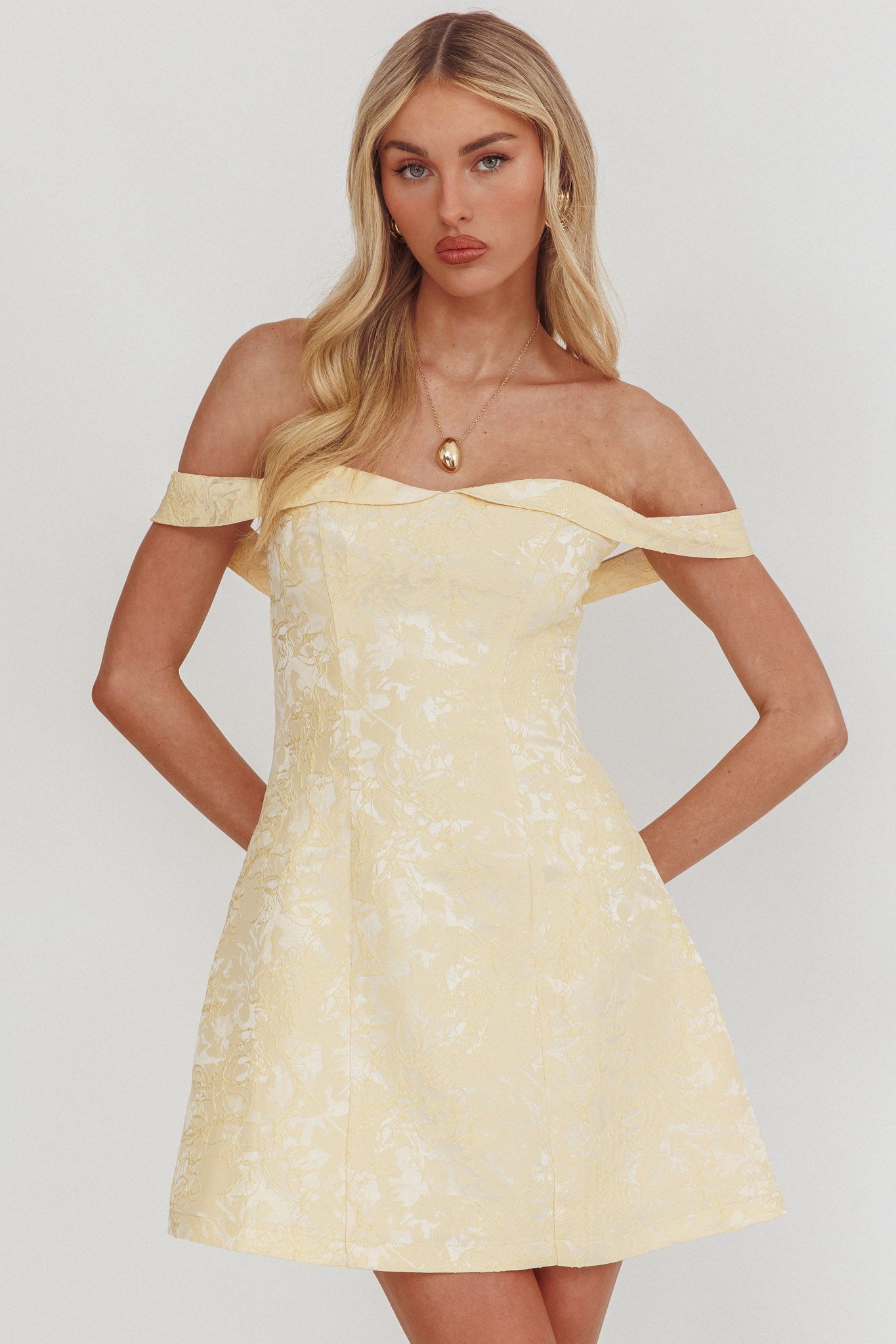 Mikado Off-Shoulder Foldover Mini Dress Jacquard Butter