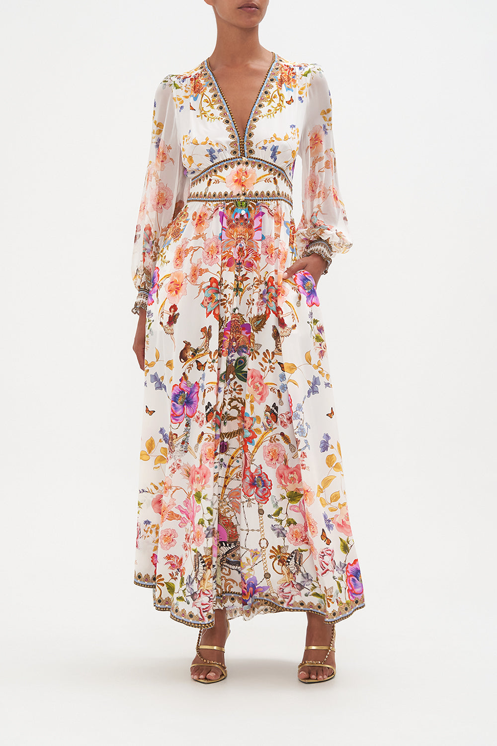 Floral V-Neck Puff Long Sleeve Maxi Dress