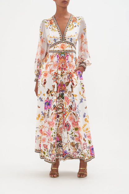 Floral V-Neck Puff Long Sleeve Maxi Dress