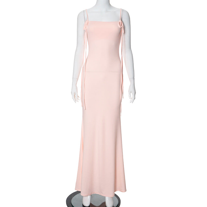 Women Summer Casual Spaghetti Straps Sleeveless Tied Slim Fit Fishtail Maxi Dress