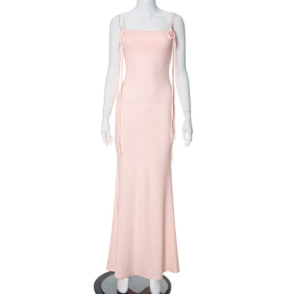 Women Summer Casual Spaghetti Straps Sleeveless Tied Slim Fit Fishtail Maxi Dress