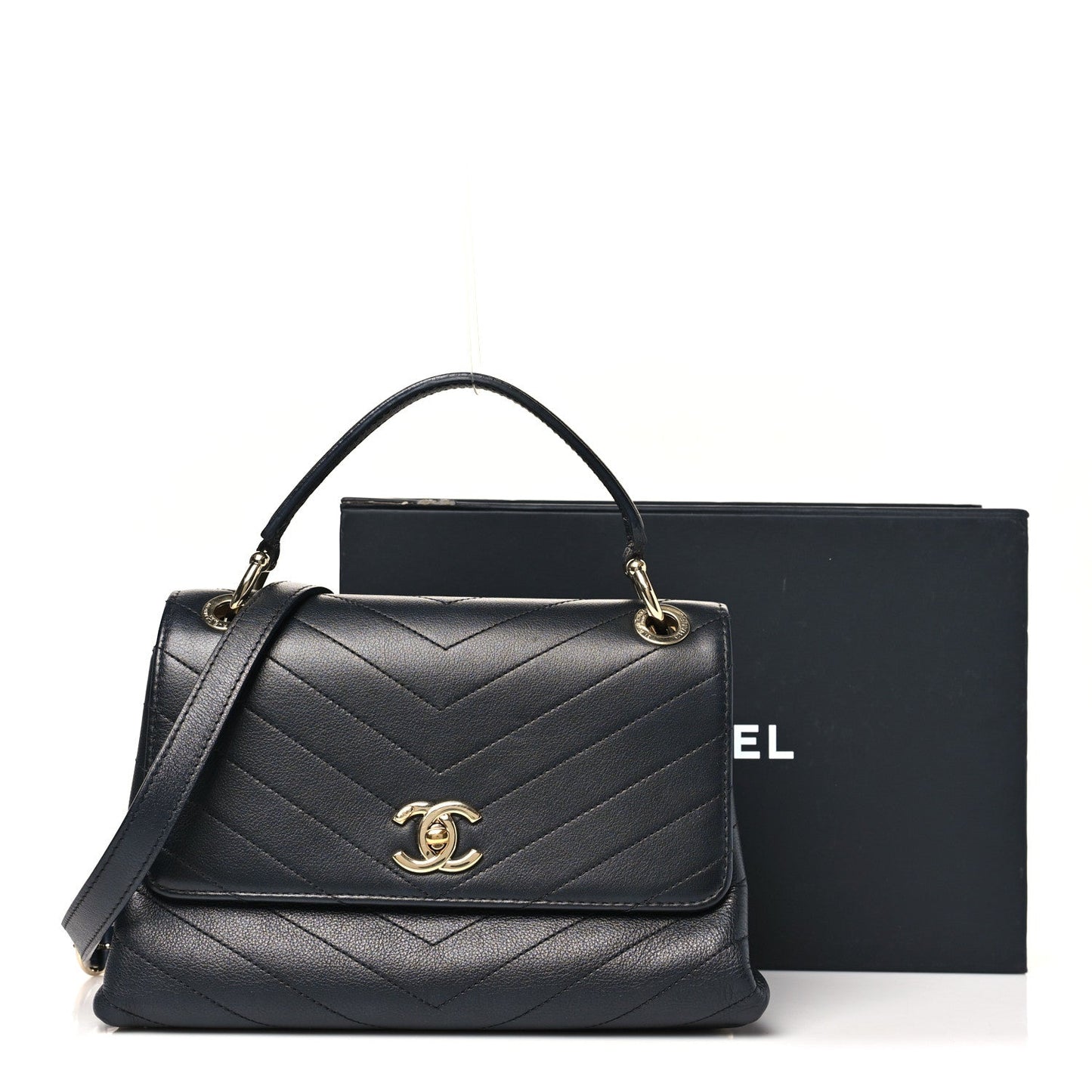 Grained Calfskin Chevron Stitched Small Chic Top Handle Flap Black