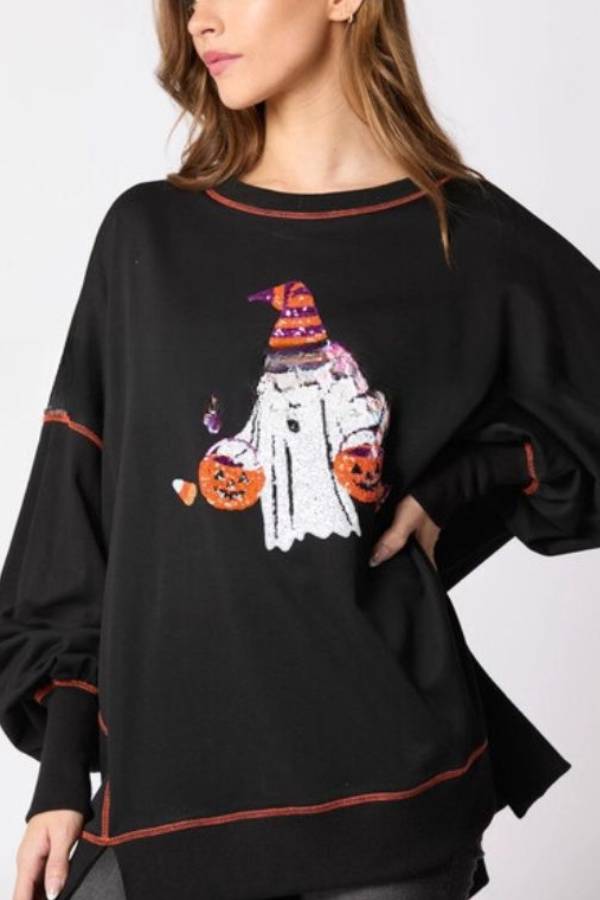 Sudadera informal bordada con lentejuelas de fantasma de Halloween 