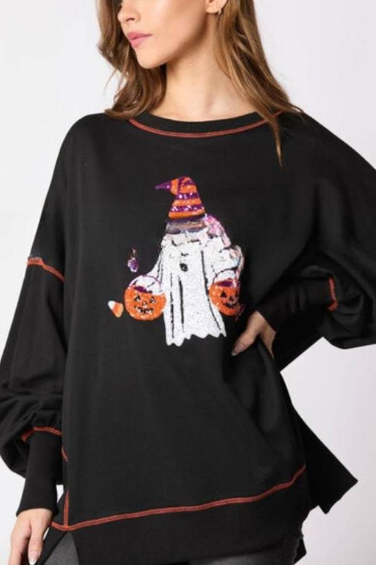 Sudadera informal bordada con lentejuelas de fantasma de Halloween 