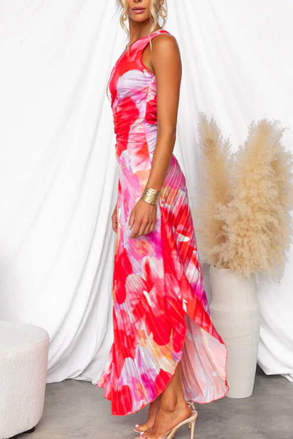Vestido maxi plisado asimétrico sin mangas con un hombro al descubierto