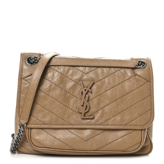Crinkled Calfskin Matelasse Monogram Medium Niki Chain Satchel Caramel