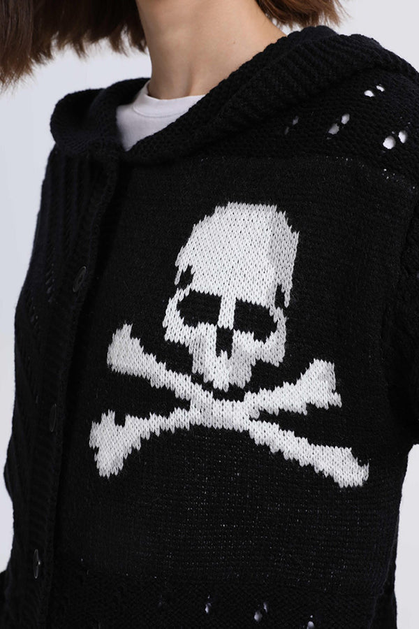 Cárdigan de punto de calavera de Halloween de manga larga hueca con bolsillos