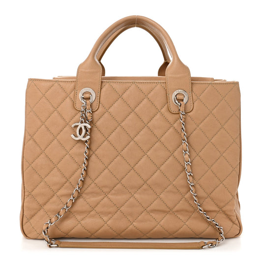 Caviar Quilted Large Urban Companion Top Handle Shopping Tote Beige